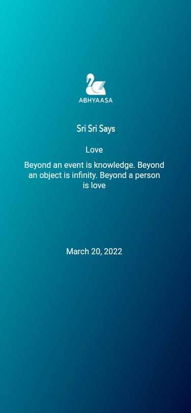 DailyYogaAtHome's tweet photo. Beyond an event is knowledge. Beyond an object is infinity. Beyond a person is love.
 
----- 
 Powered by Abhyaasa.
 Android - https://t.co/7n60qXHFLZ 
 iOS - https://t.co/aE10Pwo5bz 
 Download for free. Today. Now. https://t.co/CrKDCAr3N8