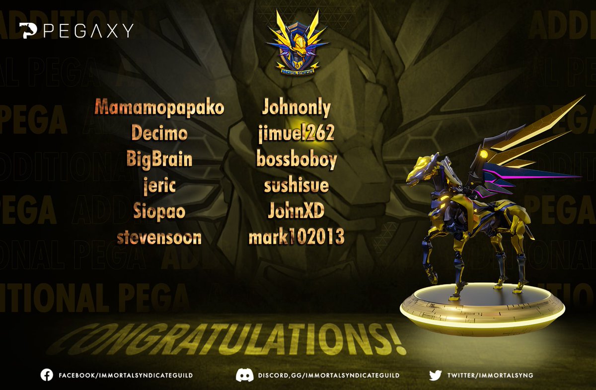 ImmortalSynG's tweet photo. What a happy weekend indeed, Immortals! 🥰

Congratulations to our 33 NEW JOCKEYS! 🥳
40 NON-JOCKEYS who have been consistently active! You all have proven your worth and we hope you guys will stay active and continue to support our guild. 🥳🤩

#ImmortalSyndicafeGuild
#Pegaxy https://t.co/9GEzPacNkZ