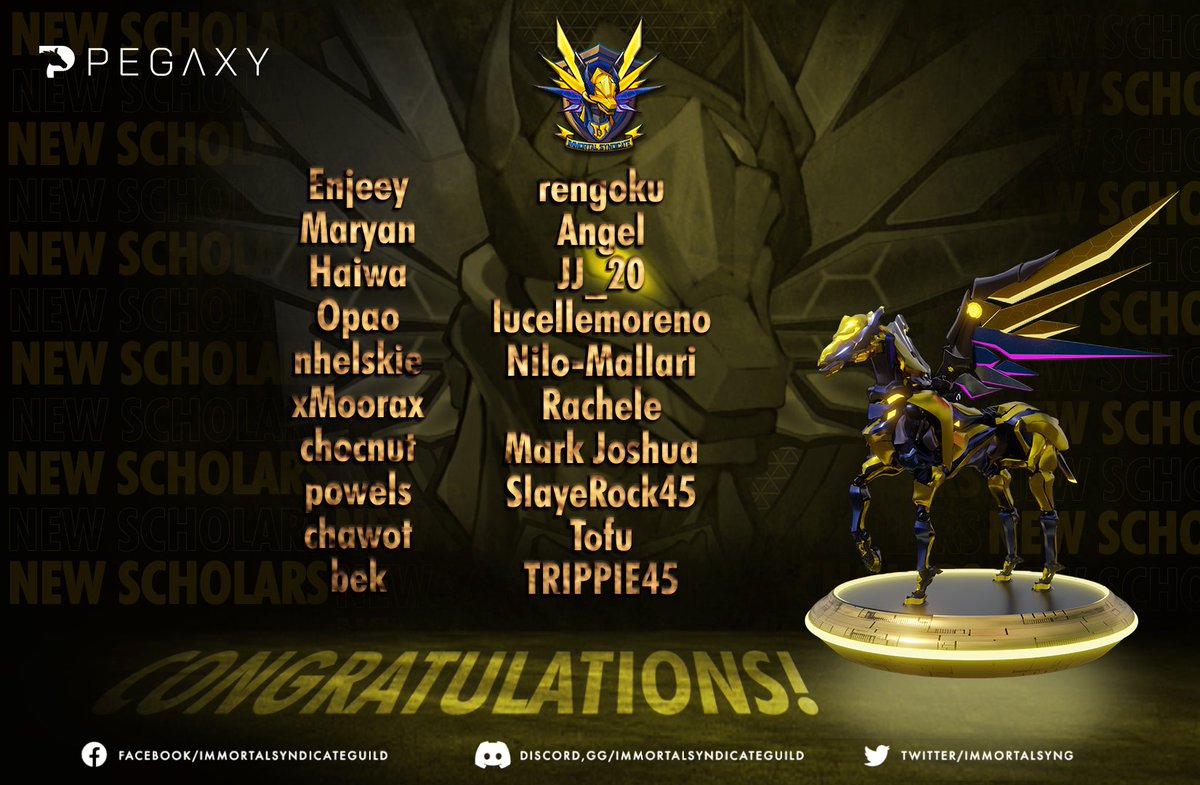 ImmortalSynG's tweet photo. What a happy weekend indeed, Immortals! 🥰

Congratulations to our 33 NEW JOCKEYS! 🥳
40 NON-JOCKEYS who have been consistently active! You all have proven your worth and we hope you guys will stay active and continue to support our guild. 🥳🤩

#ImmortalSyndicafeGuild
#Pegaxy https://t.co/9GEzPacNkZ