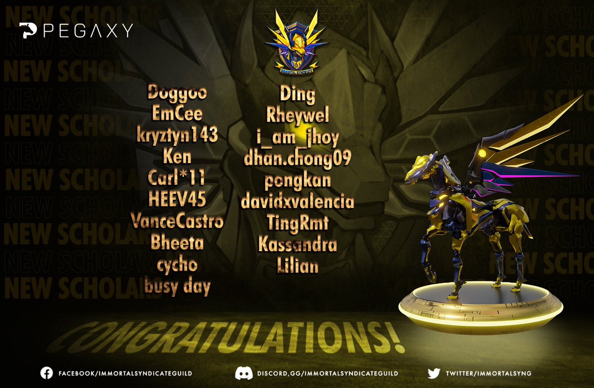 ImmortalSynG's tweet photo. What a happy weekend indeed, Immortals! 🥰

Congratulations to our 33 NEW JOCKEYS! 🥳
40 NON-JOCKEYS who have been consistently active! You all have proven your worth and we hope you guys will stay active and continue to support our guild. 🥳🤩

#ImmortalSyndicafeGuild
#Pegaxy https://t.co/9GEzPacNkZ