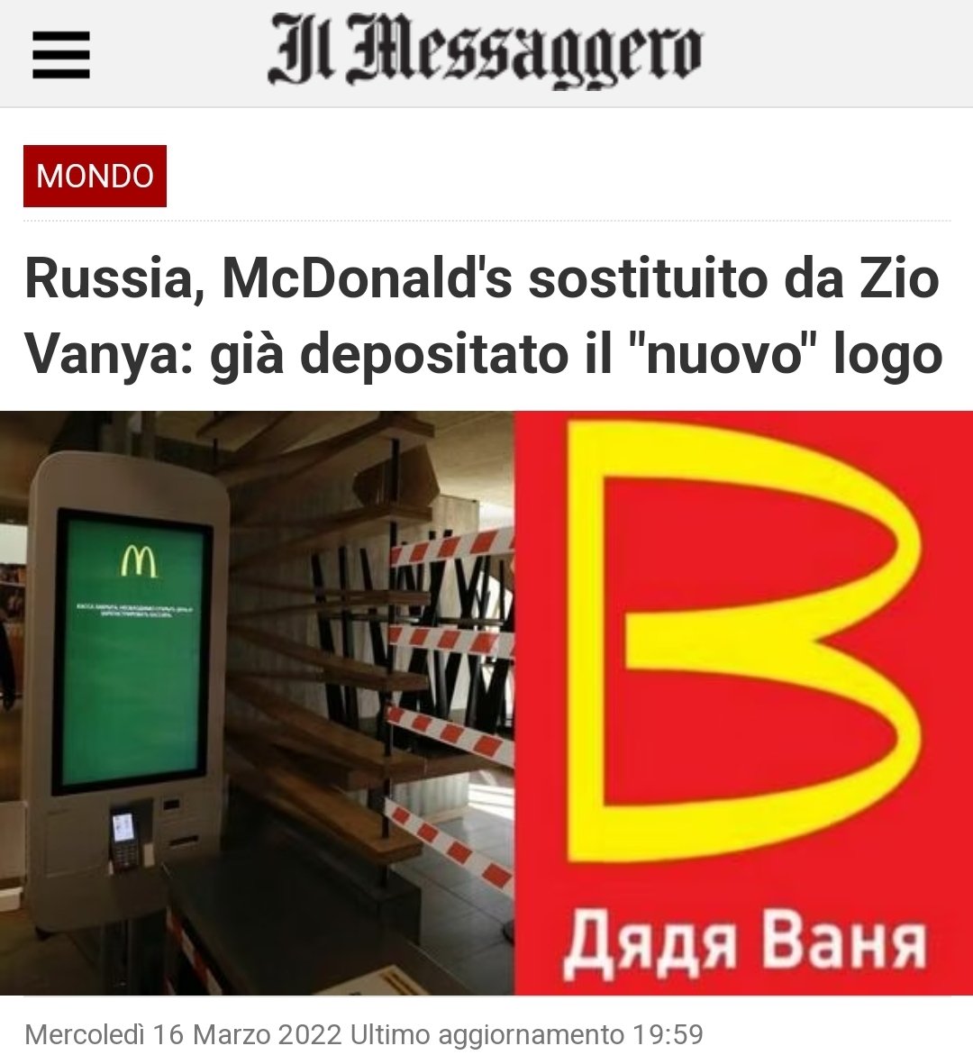 christian_fsi's tweet photo. #McDonalds chiude 847 ristoranti.

I russi modificano lo storico logo in "Zio Vanja". L'assortimento rimarrà lo stesso in tutti i negozi e i prezzi saranno più bassi perché verranno utilizzati solo ingredienti russi.0l

I lavoratori resteranno al loro posto. https://t.co/b20bPPxMmy