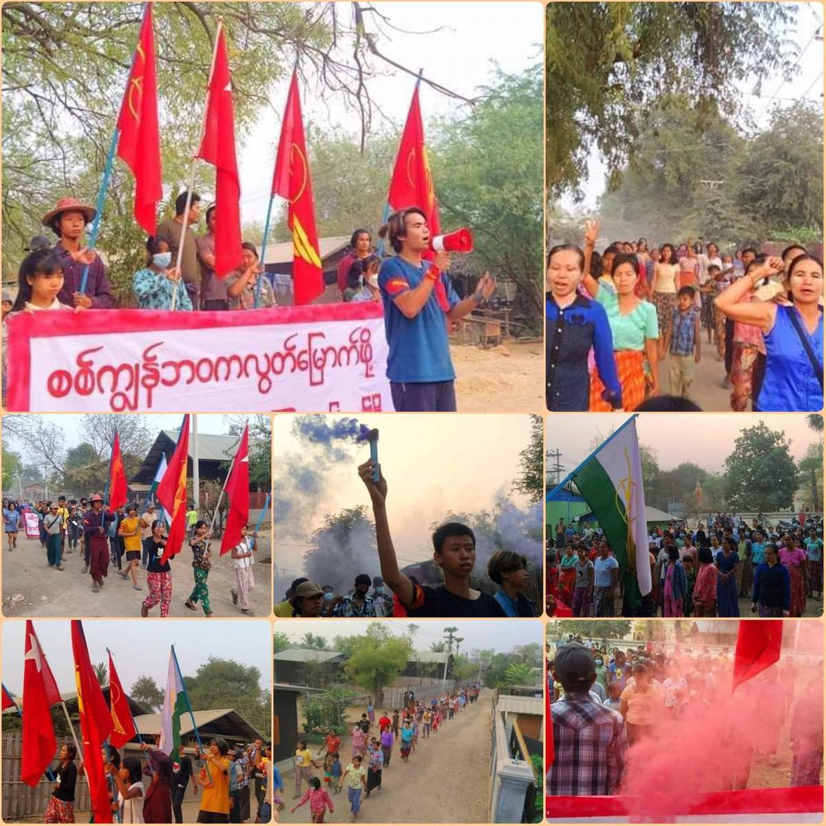 minoo0708's tweet photo. The protesters rallied in solidarity and strongly revolted the military dictatorship by marching evening protest with massive strength in KanKone village, Sagaing's Salingyi Twp 🚩 #2022Mar20Coup #US_SanctionMOGE #WhatsHappeningInMyanmar https://t.co/flzakOp8RP
