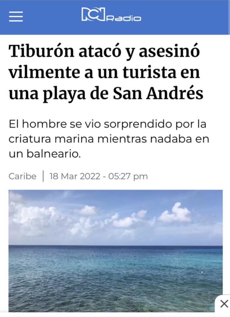 JuanKarloslos's tweet photo. No hay derecho! Que vergüenza de titular: ignorante, violento, amarillista y peligroso. Mis condolencias a la familia del turista. Y un llamado a no cazar a los tiburones. https://t.co/DObBmkioer