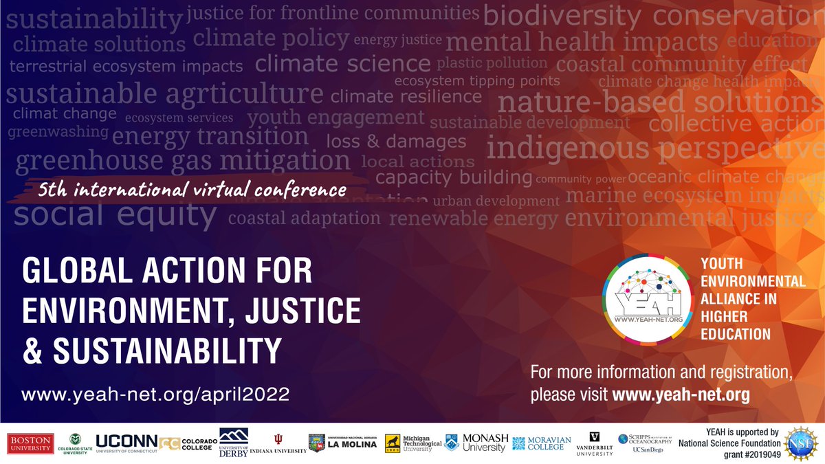 Join us for the 5th International YEAH Virtual Conference  on April 21, 2022. See link below for more details: and registration:

yeah-net.org/april2022/
#ClimateAction  #climate #ClimateActionNow