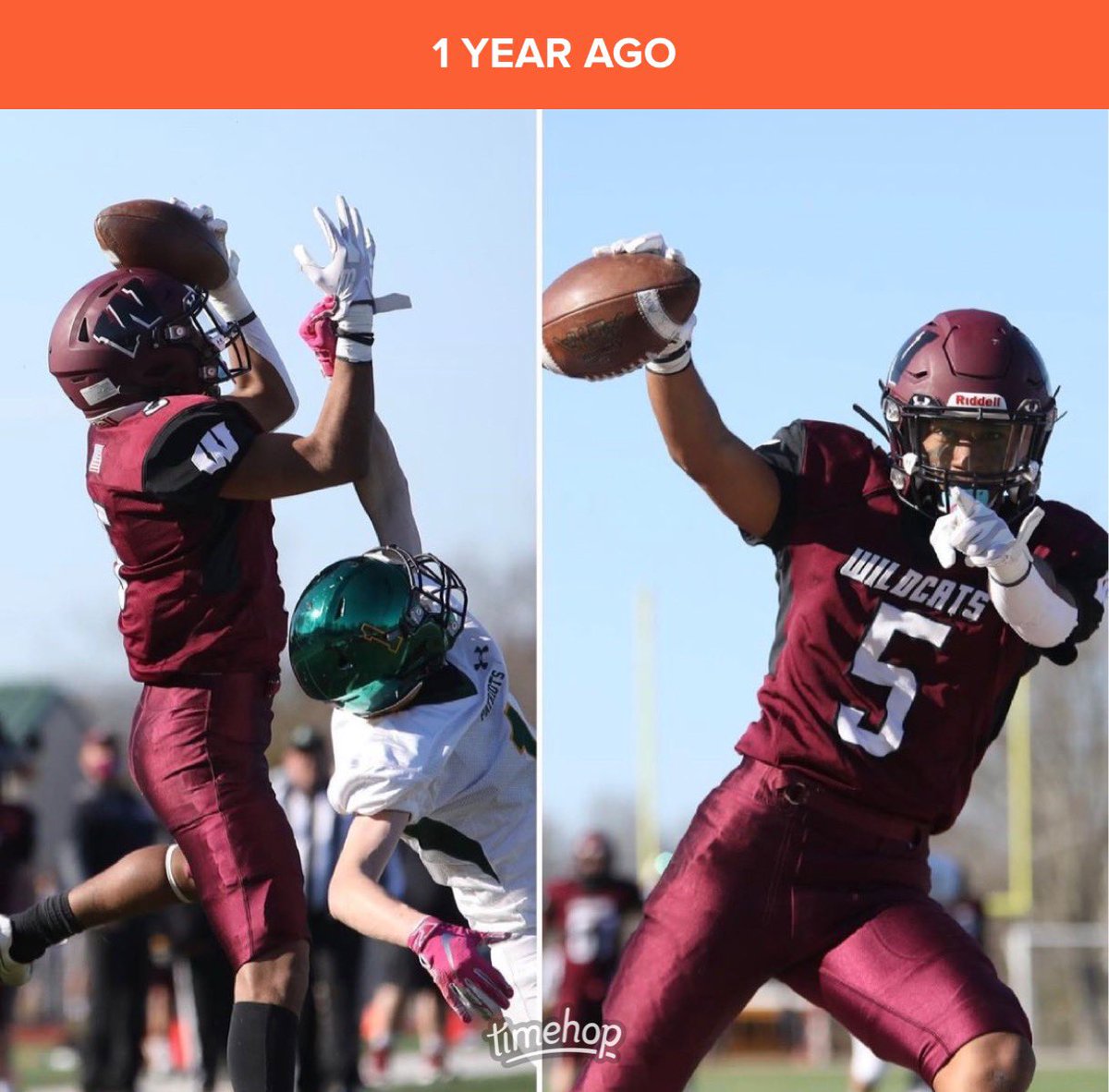 WWHSSprts's tweet photo. 1 year ago today! @BottoniNicholas and @christopherS728 connect for a 4th Down Hail Mary Touchdown with less than 20 seconds to go to give @wwhsbvf a huge win over Ward Melville and kick start the team’s runs that culminated with a County Championship and a Rutgers Trophy! 🐾🏈🏆 https://t.co/V0AXq4LEBe