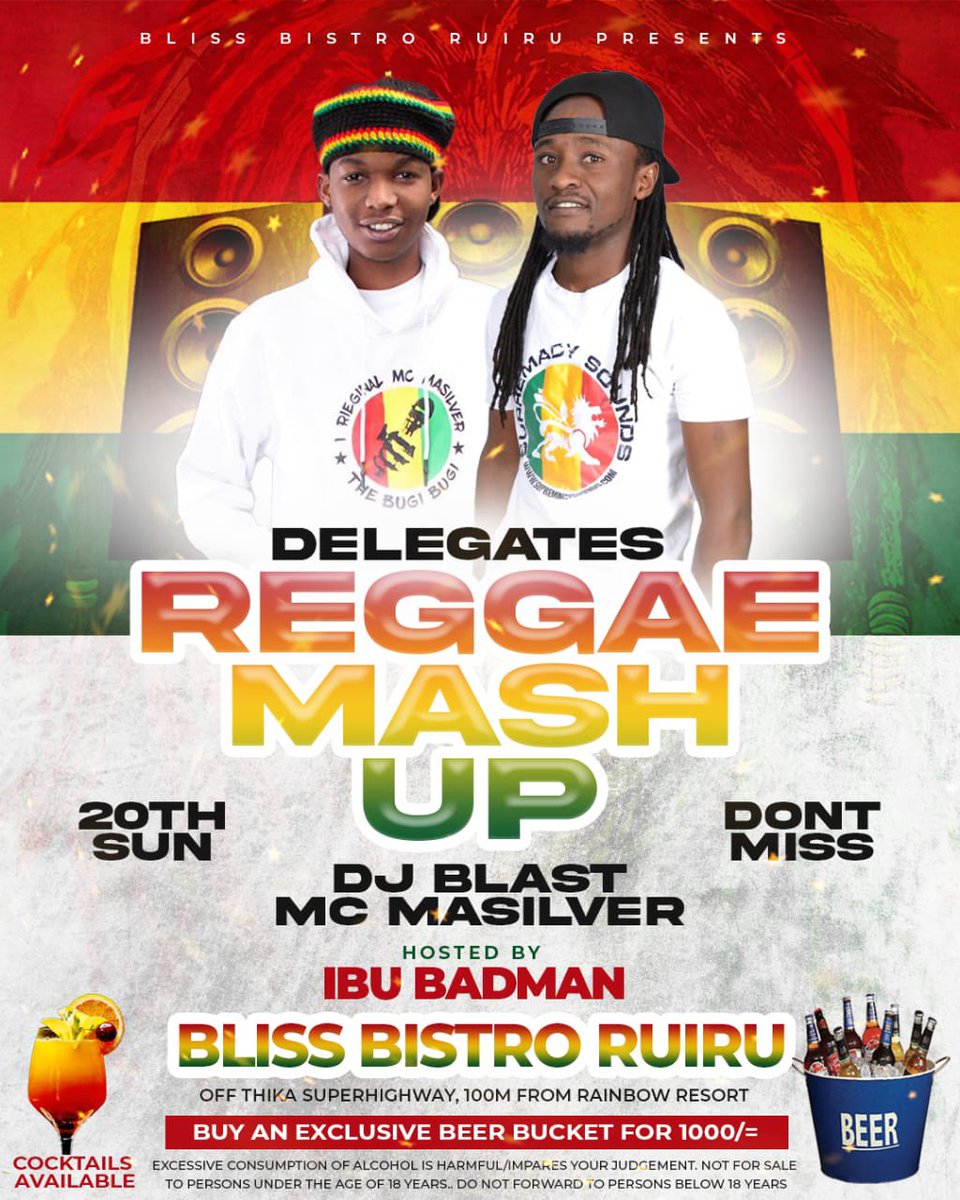McMasilver's tweet photo. Delegates Reggae Sundaze
@theblissbistroruiru This SUNDAY
You Know The Drill @deejayblast_ke Hosted by @ibubadman
#irieginalbugibugi
#supremacysounds https://t.co/2Pdwq1e7sA