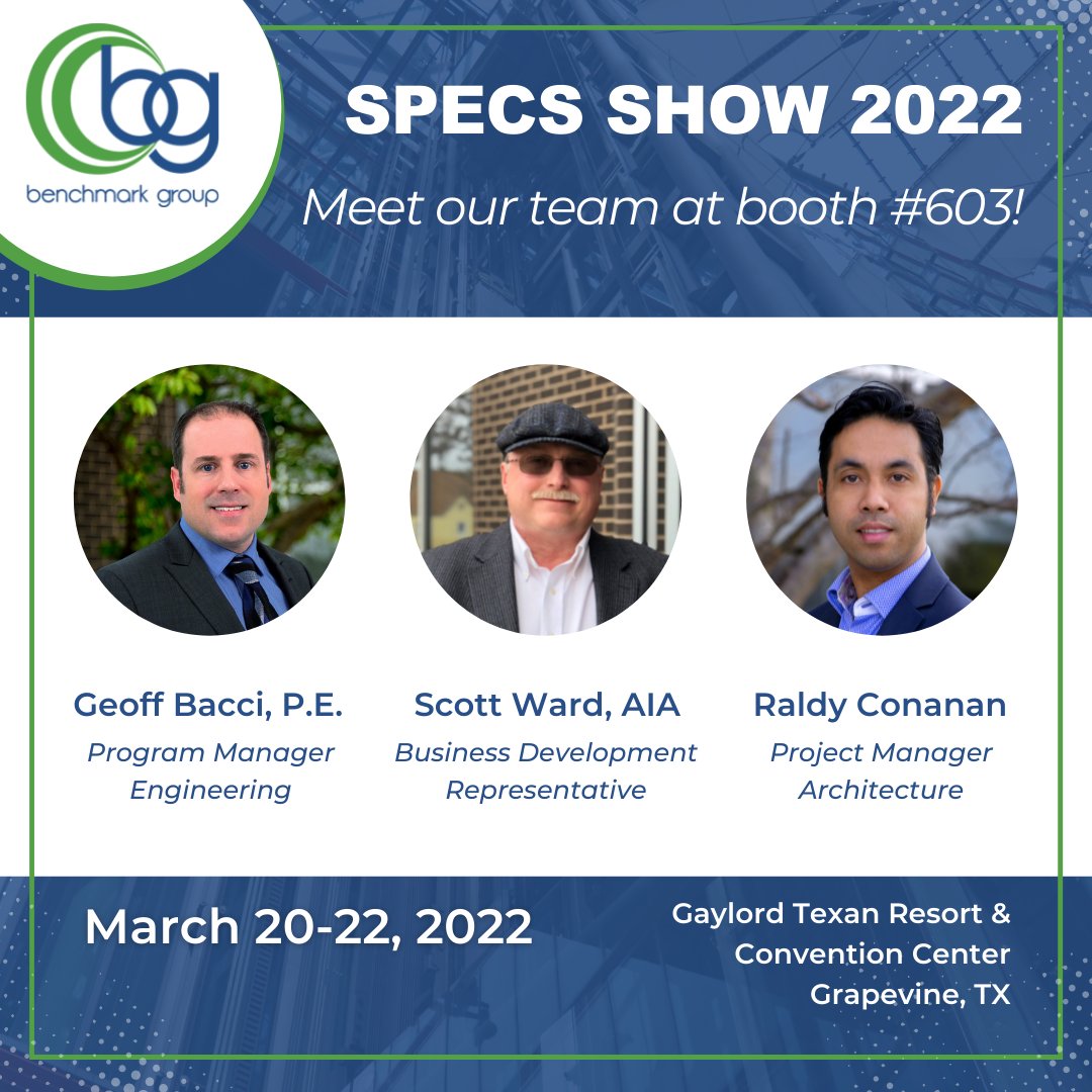 bg_teamofchoice's tweet photo. It's day 1 of #SPECSSHOW2022!  Visit with us at booth #603 to find out how our full-service A&amp;E firm can help you bring your company's vision for the future to life. #teamofchoice #SPECS #Engineering #Architecture #EnergyServices #Refrigeration #FireProtection https://t.co/0DfqyaMYAw