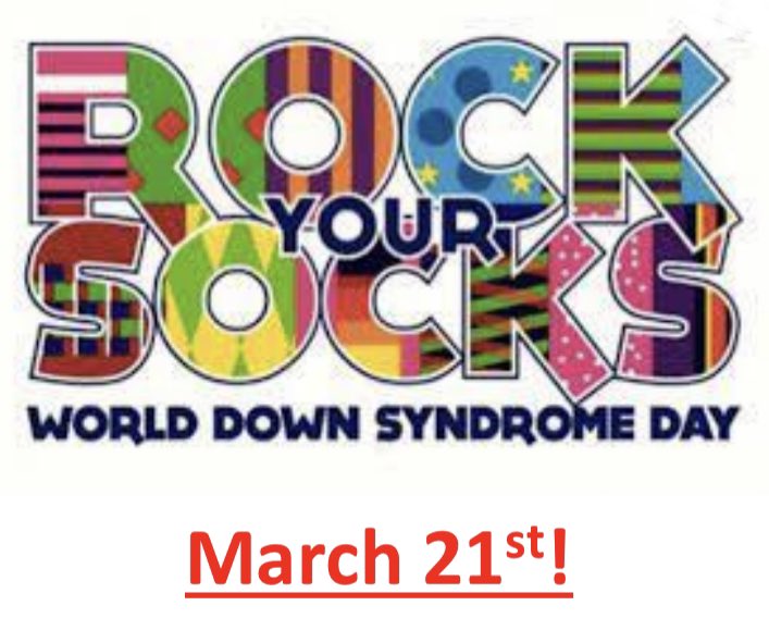 Wear your craziest socks TOMORROW (3/21) to support World Down Syndrome Day! 💙💛@WDSD_RAC_COSMO @ConradRedWolves