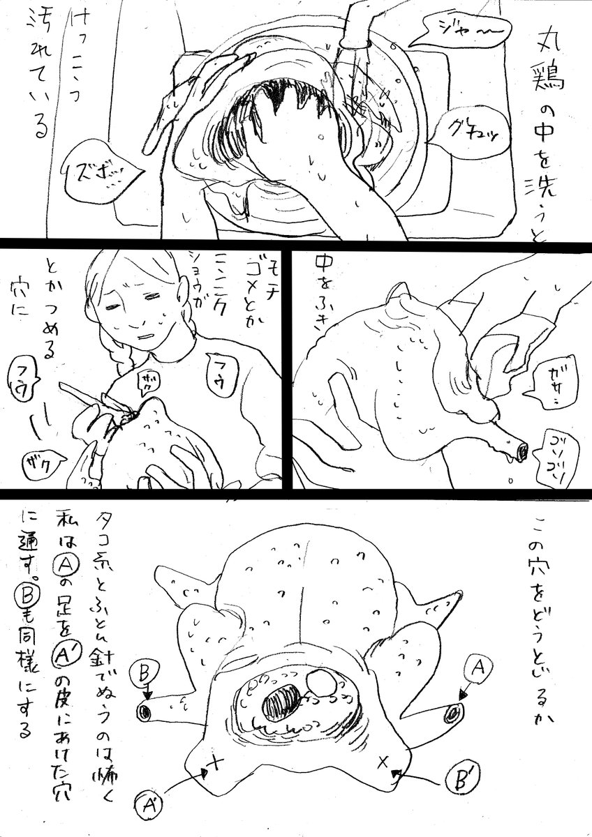 サムゲタンのマンガを描きましたつくるの三回目くらいだからまだぞくぞくしながら作っているそしてクロス法はなんかで読んだ 