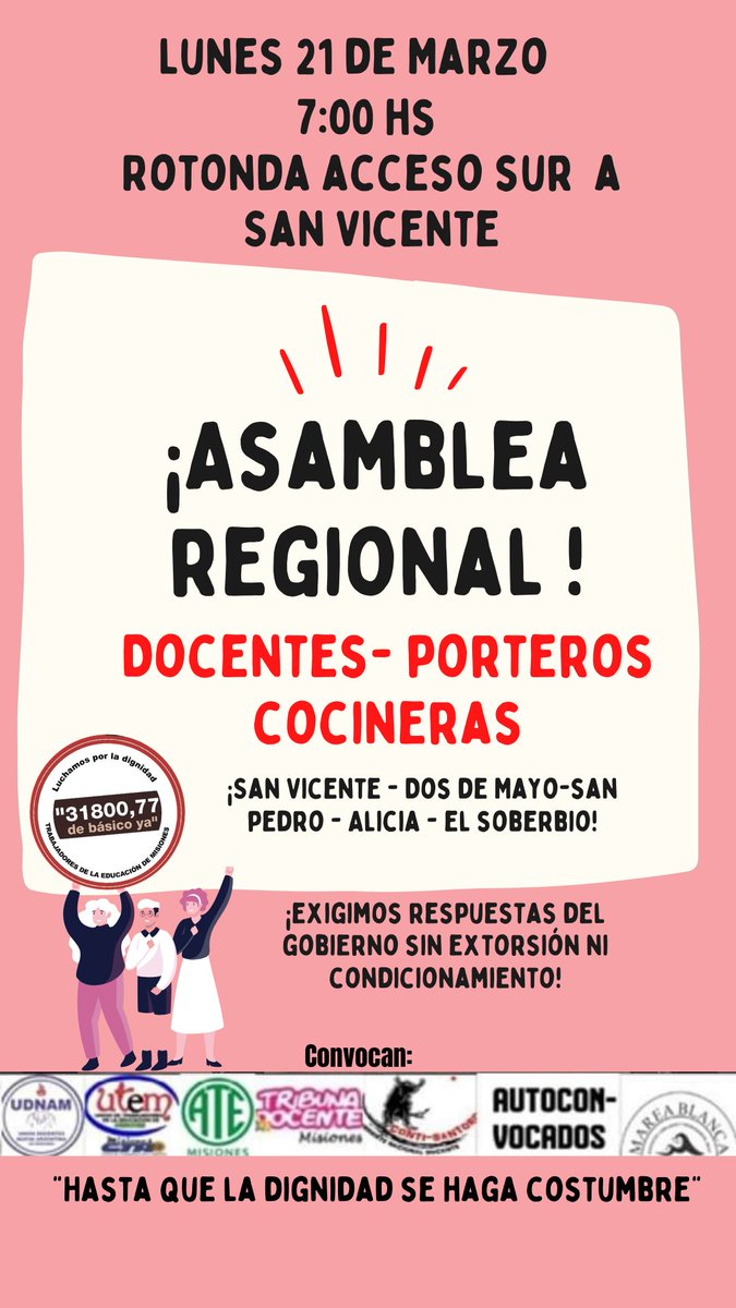 AutoconvocadosS's tweet photo. 🔊 LUNES 21 - INICIANDO LA CUARTA SEMANA DE PARO 

EN APOYO A LOS COLEGAS QUE SIGUEN EL CGE DESDE EL MIÉRCOLES!!!

Nos concentramos en la rotonda acceso sur a San Vicente!!!
#HastaQueLaDignidadSeHagaCostumbre 
#lasbasesenlacalleganan #trabajdoresdelaeducacion #Ahora https://t.co/uzYqGW2VeS