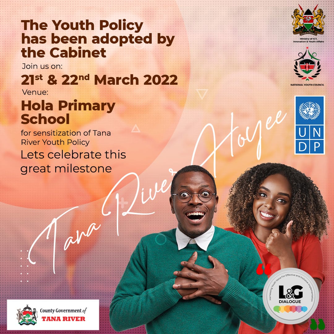 yvonne_ndambuki's tweet photo. It's finally here!
Join us on 21st-22nd March 2022 for the Sensitization of Tana River Youth Policy.
@RoySasaka
@UNDP
#DeepingDevolution
#NYCFursaMashinani https://t.co/U4SZ4Y46P9