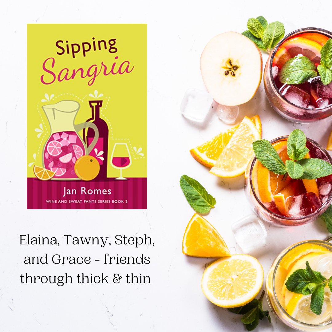 JanRomes's tweet photo. 🎆 SIPPING SANGRIA Book 2 - Wine and Sweat Pants Series -- Follow Elaina, Tawny, Steph and Grace in their humorous adventure to start life over, together! 🍷🍷
#womensfiction #humor #KU #AnythingIsPossibleWithGoodFriends 💟  https://t.co/QeX0MGqAJl https://t.co/OTcJaZp2lh