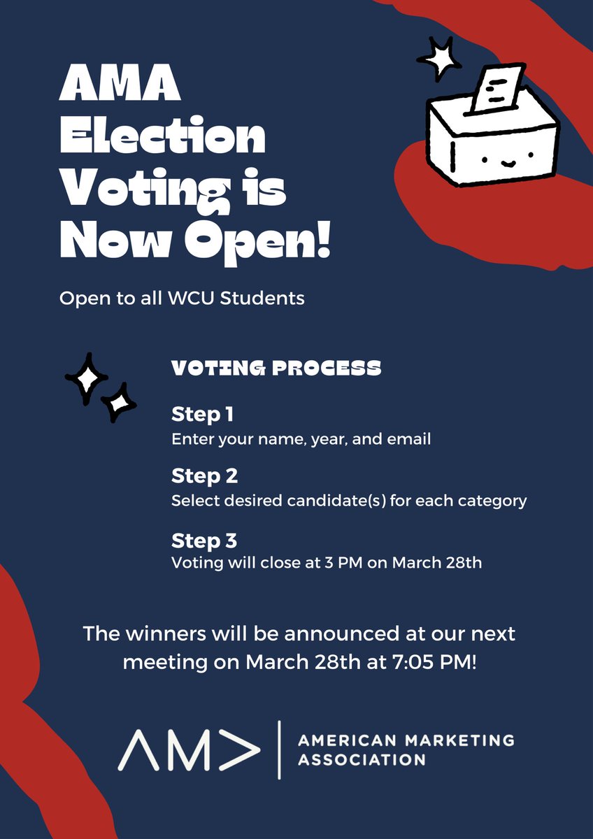 wcu_ama's tweet photo. Voting for the AMA 2022-2023 Executive Board Election is now open at the link below! Voting is open to all WCU students and the form will close at 3 PM on March 28th. The winners will be announced later that evening at our 7:05 PM meeting 🗳 https://t.co/Ar6Ur0p8mz https://t.co/mLVZePi9Jh