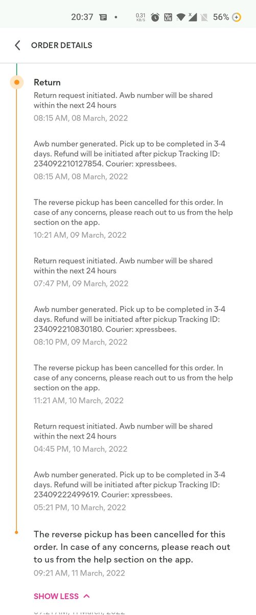 SonthaliaG's tweet photo. @meesho_support I got the product on 7th march 2022, and I raised the return request on 8th March. But, the reverse pickup got cancelled from your side, So I again raised the return request on 9th and 10th march, but that also get cancelled.
I had also attached the screenshot for your reference. https://t.co/Pd11NQPnEr