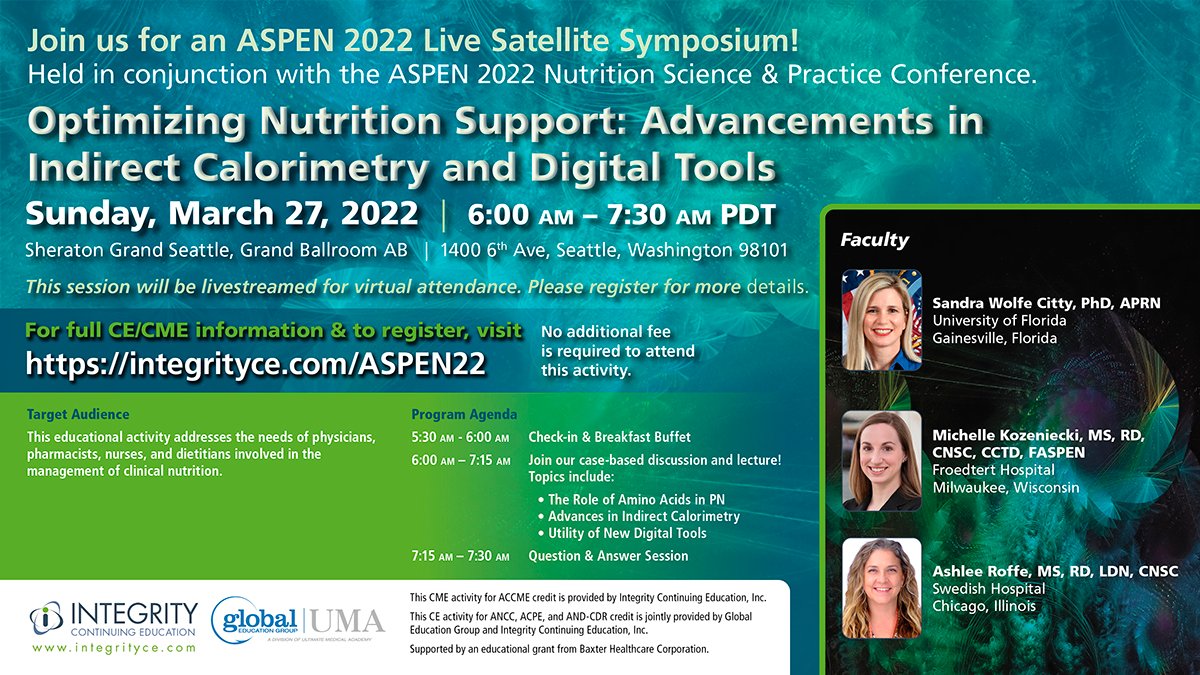Integrity CE SoMe CME (@somecme) on Twitter photo ⭐️ Are you attending #ASPEN22 next week? ⭐️
🔜 Don't miss our symposium on parenteral nutrition with <a href="/SandraWCitty/">Sandra Wolfe Citty</a>, <a href="/AshleeRoffe/">Ashlee Roffe</a>, & Michelle Kozeniecki, RD on Sunday, March 27th at 6:00 AM PDT!
✍️ For full CE/CME information & to register, click here: integrityce.com/ASPEN22 ⭐️ Are you attending #ASPEN22 next week? ⭐️
🔜 Don't miss our symposium on parenteral nutrition with <a href="/SandraWCitty/">Sandra Wolfe Citty</a>, <a href="/AshleeRoffe/">Ashlee Roffe</a>, & Michelle Kozeniecki, RD on Sunday, March 27th at 6:00 AM PDT!
✍️ For full CE/CME information & to register, click here: integrityce.com/ASPEN22