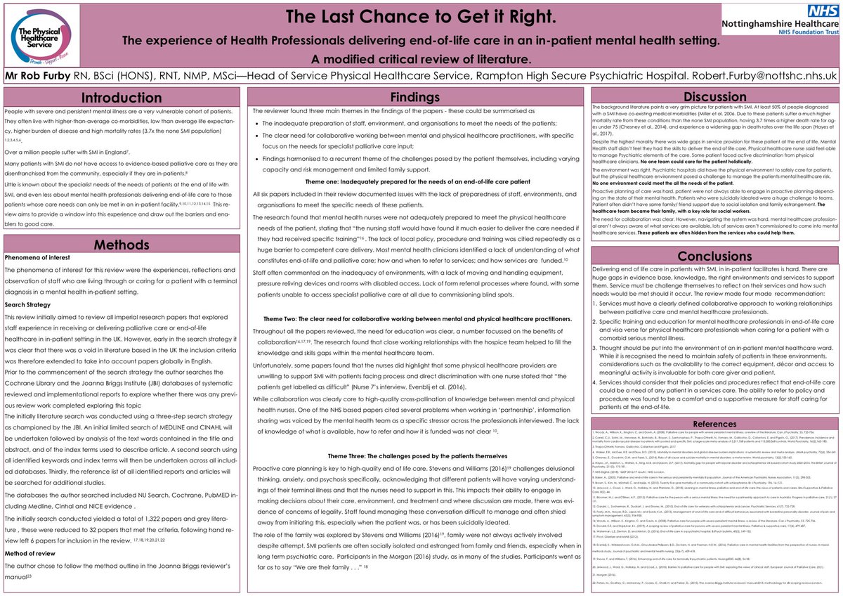 Final tweaks in prep for <a href="/PCCongress/">@PCCongress</a> on Thursday! Sharing my findings of the challenges, enablers and inequalities faced my patients with SMI at the end of life!
We have to close this gap, and fast! 
<a href="/EiMResearch/">End In Mind</a> <a href="/NottsHealthcare/">Nottinghamshire Healthcare</a> <a href="/PalliativeMedJ/">Palliative Medicine</a> @RCNMHForum 
@mariannetinkler
