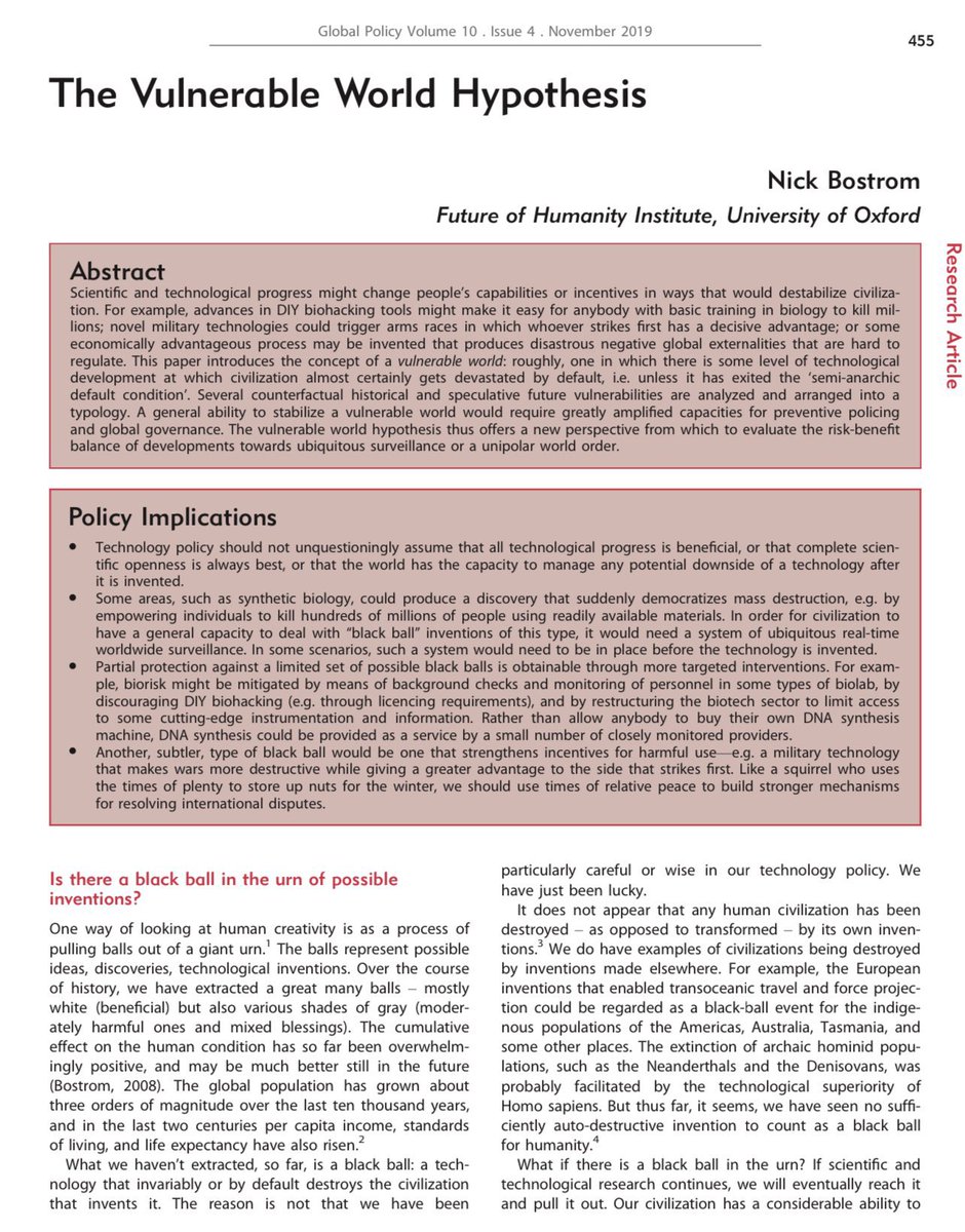 With the new research showing how an AI built for drug discovery was also able to create new chemical weapons, I have been thinking about this paper: what if there are innovations we might soon find that can utterly destroy humanity? 

A thread on a grim but worthwhile read 1/5
