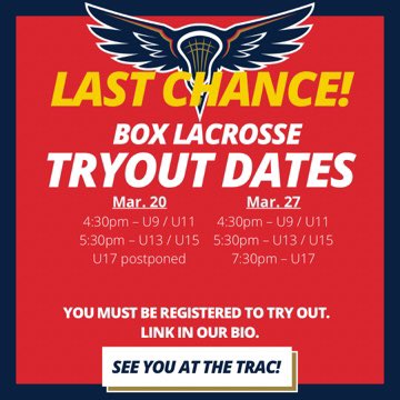 Urgent!  Playing lacrosse this year?  Register now!  Rep box tryouts are today!