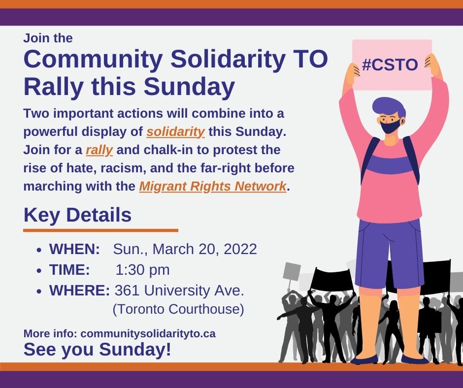 torontolabour's tweet photo. 🚀 TODAY IS THE DAY

Join the #communitysolidarityto rally &amp; chalk-in to protest the rise of racism &amp; challenge the far-right

➡️ Get Info: https://t.co/MvPJgmmWid
📅 TODAY
🕐 1:30 pm
📍361 University Ave.

We'll then join @migrants_rights at Larry Sefton Park &amp; march together https://t.co/DKFC9q1POn