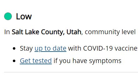 #SaltLakeCounty We are in LOW #COVID19 transmission. Take the win! We are at risk for another surge with the BA2 variant. BUT, the #CovidVaccine works against BA2. Get your vaccine and booster. Thanks to @SaltLakeHealth, it is widely available and free. slco.org/health/COVID-1…