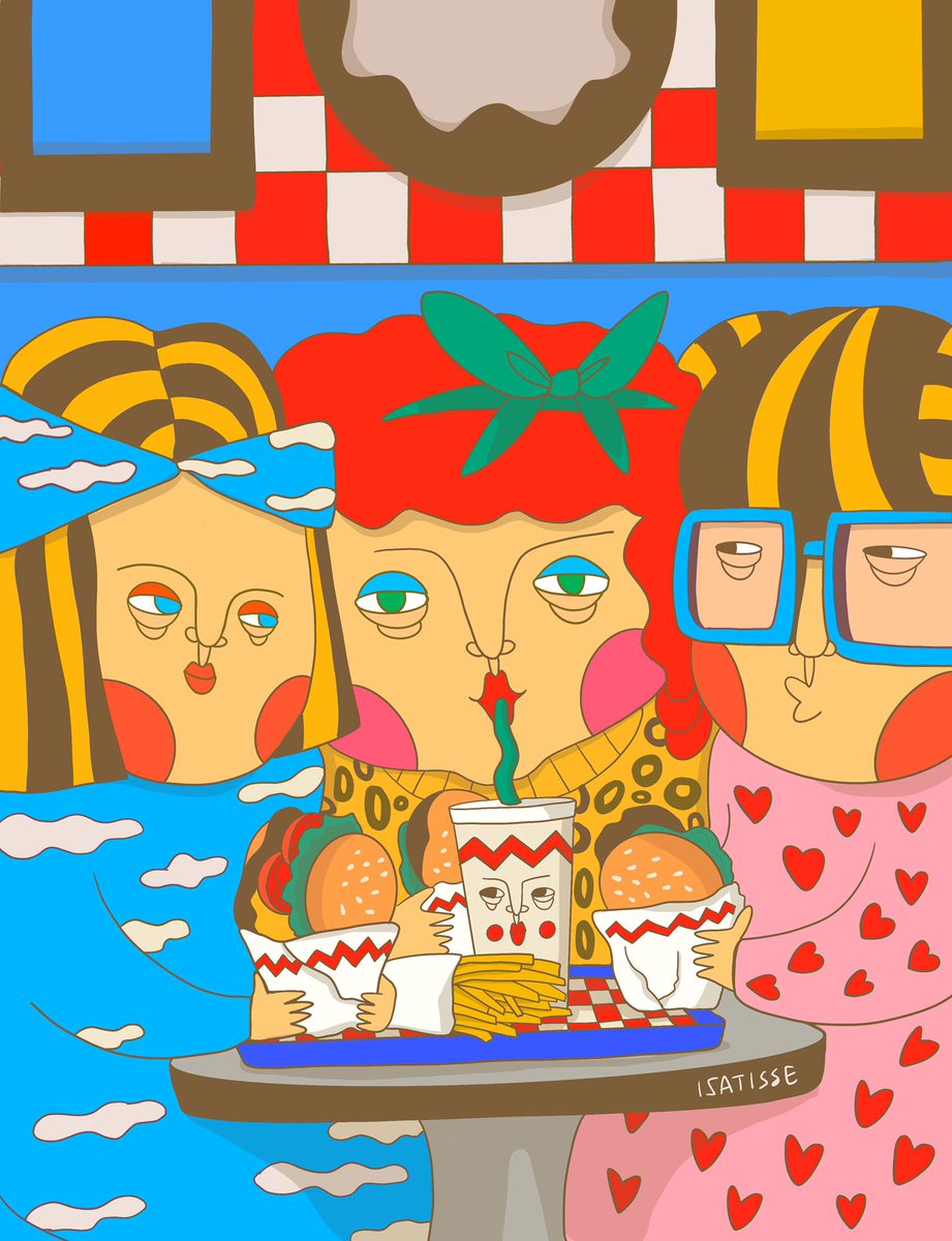 Isatisse1's tweet photo. New work from the weekend!!🍔🍟Have been missing my friends and all the good food…👩🏼‍🦱🍟🍕🍔🧒🏻
#illustration #FridayVibes #SundayThoughts #colors https://t.co/sddBadbjRh
