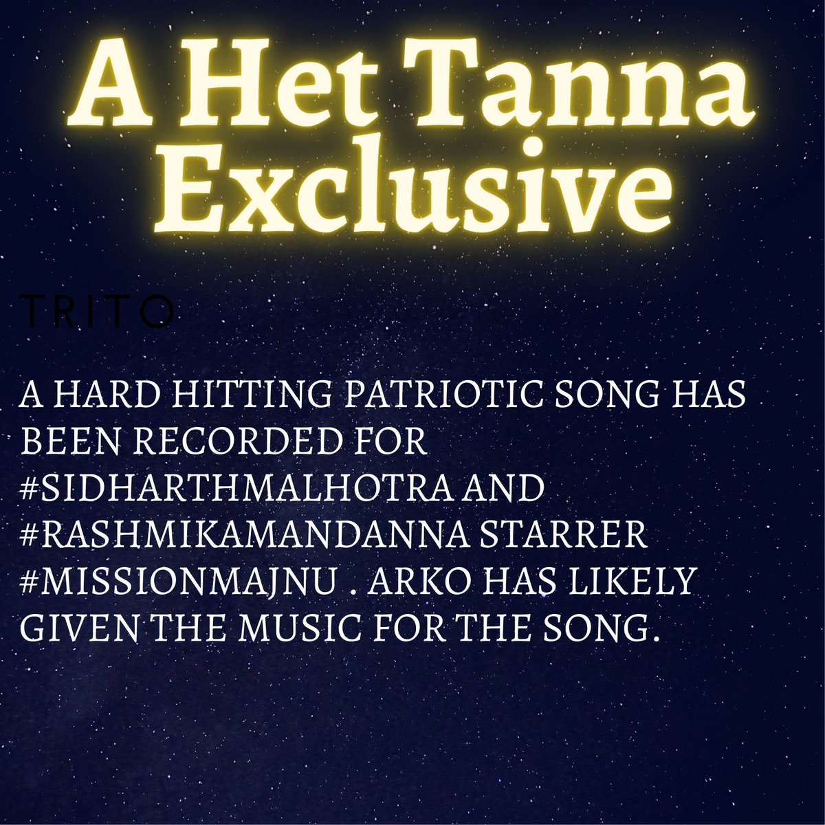 HetTannaHere's tweet photo. #AHetTannaExclusive :-
A hard hitting Patriotic song has been recorded for #SidharthMalhotra and #RashmikaMandanna starrer #MissionMajnu . Arko has likely given the music for the song.
@SidMalhotra @iamRashmika 
😎❤️😍🤩 https://t.co/TlGt6a98PL