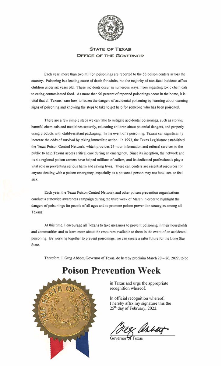 March 20-26, 2022 is Poison Prevention Week! Governor Greg Abbott encourages all Texans to take measures to prevent poisonings. Read his proclamation below. If you have an unintentional poisoning, please do not hesitate to call poison control at 1-800-222-1222.
