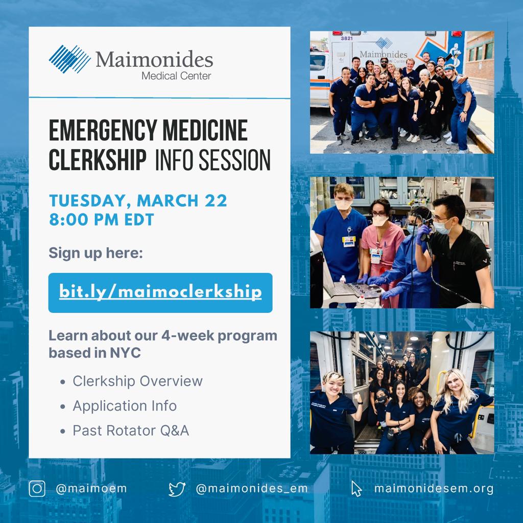 Maimonides_EM's tweet photo. Join us Tues 3/22 8pm EST to learn more about our EM rotation. Meet our clerkship directors and residents. 

An exciting opportunity to learn EM in Brooklyn this summer!

Sign up below
https://t.co/pALY9Z6wPl

#EMBound #vslo #MedStudentTwitter #EmergencyMedicine https://t.co/AXyW7RpBab