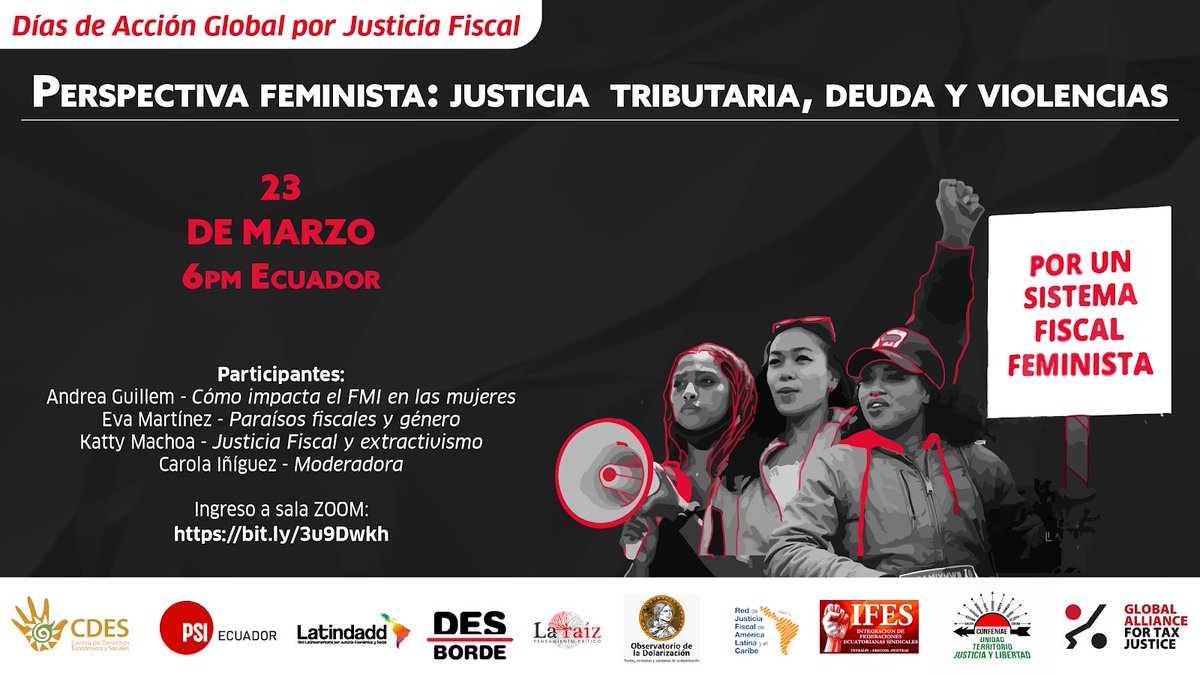 Días de Acción Global por Justicia Fiscal.

En Ecuador dedicaremos la jornada a una lectura #feminista sobre fiscalidad, deuda y violencias. 

Link Zoom: us02web.zoom.us/j/88395222554?…