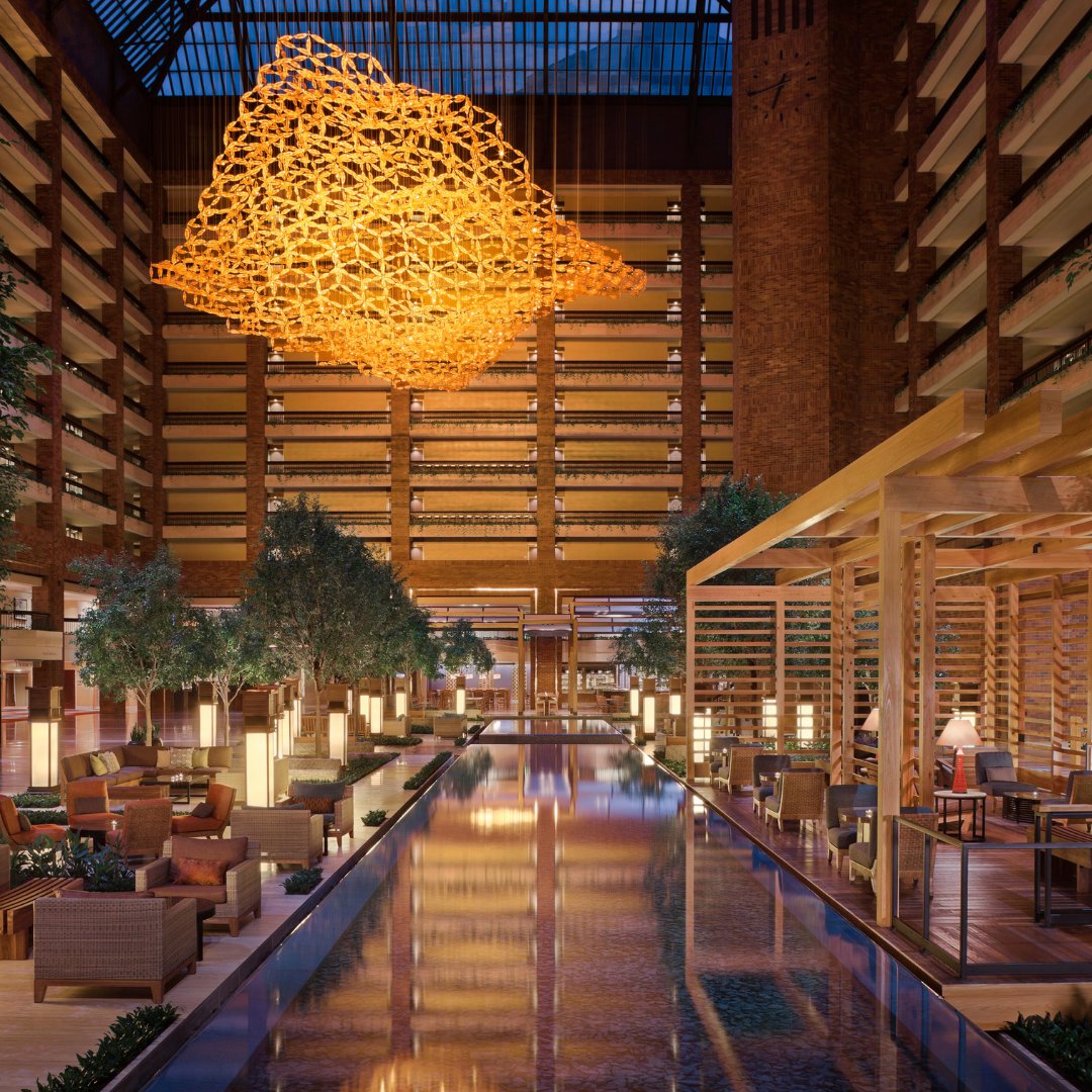 Soaring overhead in the Grand Atrium is Hilton Anatole's popular "The Nebula", a piece crafted out of bicycle reflectors by talented artist Reuben Margolin, from San Francisco, California. #HiltonAnatole #hiltonhotels #travel #sculpture #art #wanderlust #dallas #dtx #dfw #texas