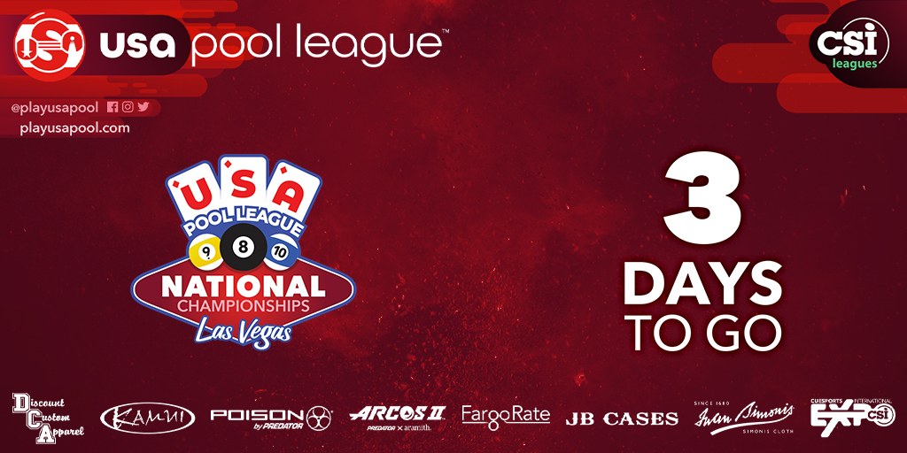 ⏳ 𝟯 𝗗𝗔𝗬𝗦 (72 hours or 4,320 minutes or 259,200 seconds) until the USA Pool League National Championships begin. But who's counting? Learn more at playUSApool.com.

#lasvegas #poolleague #9ball #playusapool #8ball #billiards #10ball #usapoolleague #csileagues #usapl