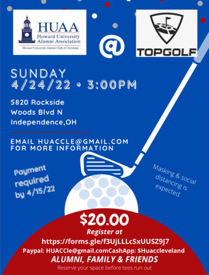 Hey it’s Spring and we are headed to the Tees! Join us for our next social outing at Top Golf on Sunday , April 24th! Please fill out registration form using the link in the bio! Let’s keep pushing forward CLE HU fam! Can’t wait to see everyone there! forms.gle/f3UjLLLcSxUUSZ…
