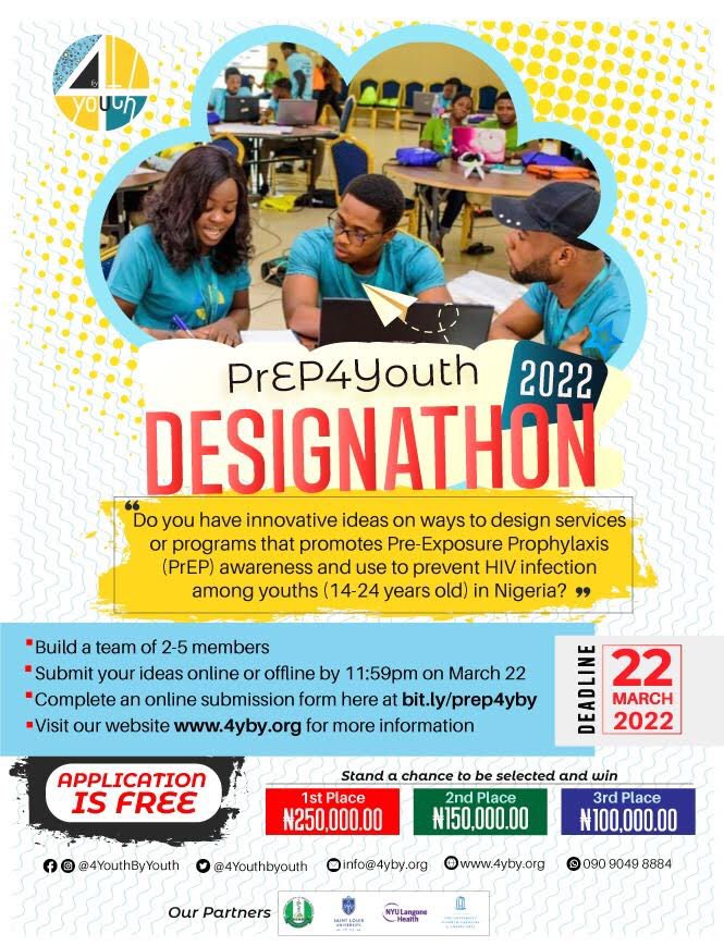 DrZobo's tweet photo. Exciting Opportunity for Nigerian Youth 14-24 years. RETWEET!

Submit your idea [https://t.co/ICoW3HYXtr] to participate in the @4YouthBYouth Designathon.

Top teams from the designathon stand a chance to win up to ₦250,000 cash prize! #PrEP4Youth #OpenContest

Details in flier https://t.co/nfkJmRmHa1