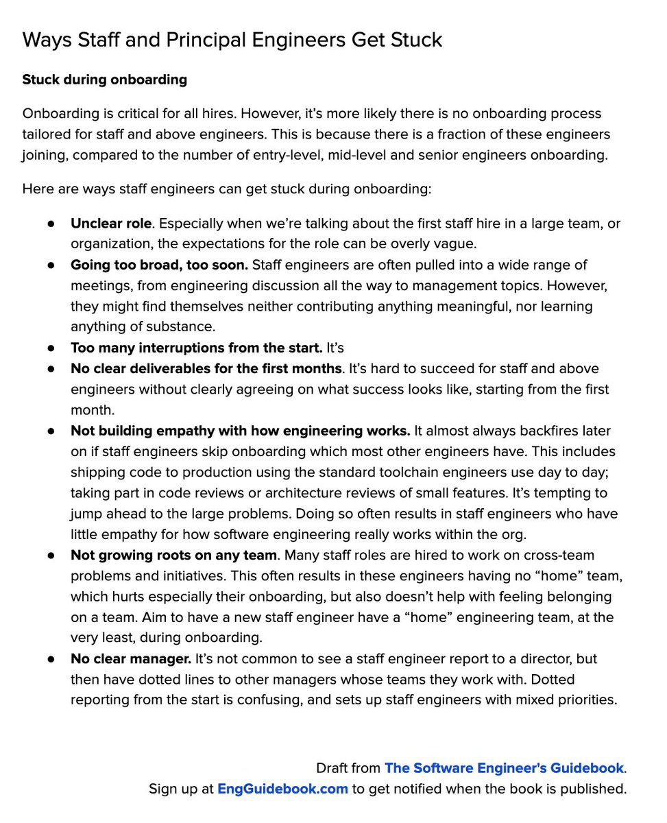 EngGuidebook's tweet photo. What are ways Staff and Principal engineers - some of the most experienced engineers in a company - can get stuck?

Onboarding is an all too typical situation. Here are common ways this happens, and what you can do to avoid it: https://t.co/Io7NcZn4Mr