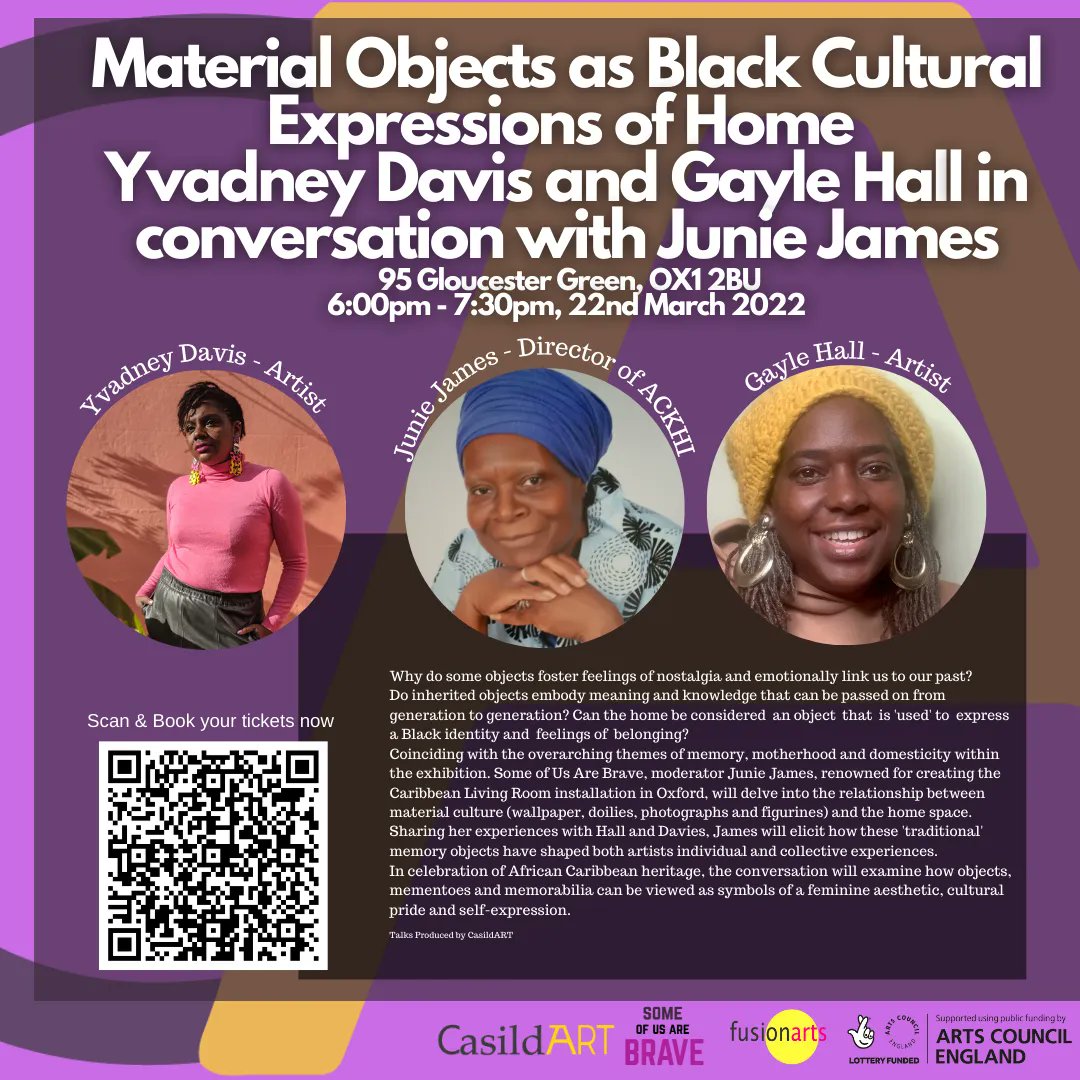 FusionArtsOx's tweet photo. This should be fascinating! 👉 On Tues join artists #YvadneyDavis &amp; #GayleHall in conversation w/ #JunieJames as they delve into ideas of memory, motherhood &amp; more for their discussion 'Material Objects as Black Cultural Expressions of Home' 
Book free: https://t.co/hlRmvP6Dk7 https://t.co/aLa2GxlQIm
