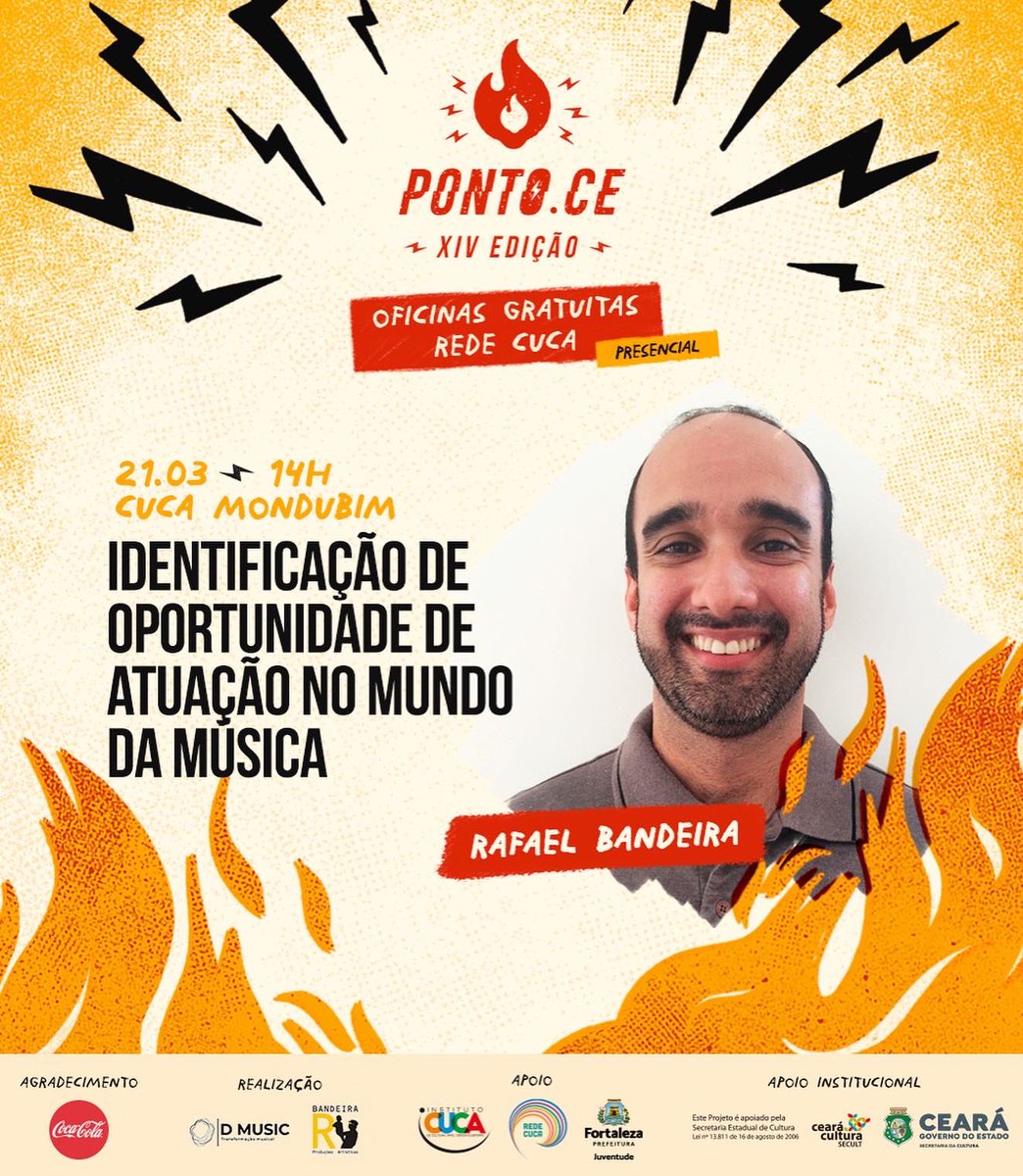 PontoCE's tweet photo. Amanhã começam as oficinas Ponto.CE Edição XIV. Oficina gratuita e presencial, através da parceria com a @redecuca Local: CUCA MONDUBIM/ IDENTIFICAÇÃO DE OPORTUNIDADES DE ATUAÇÃO NO MUNDO DA MÚSICA. FACILITADOR: RAFAEL BANDEIRA/ÚLTIMAS VAGAS! 
📌 O link para inscrição tá na bio! https://t.co/qGKW9u0fKb