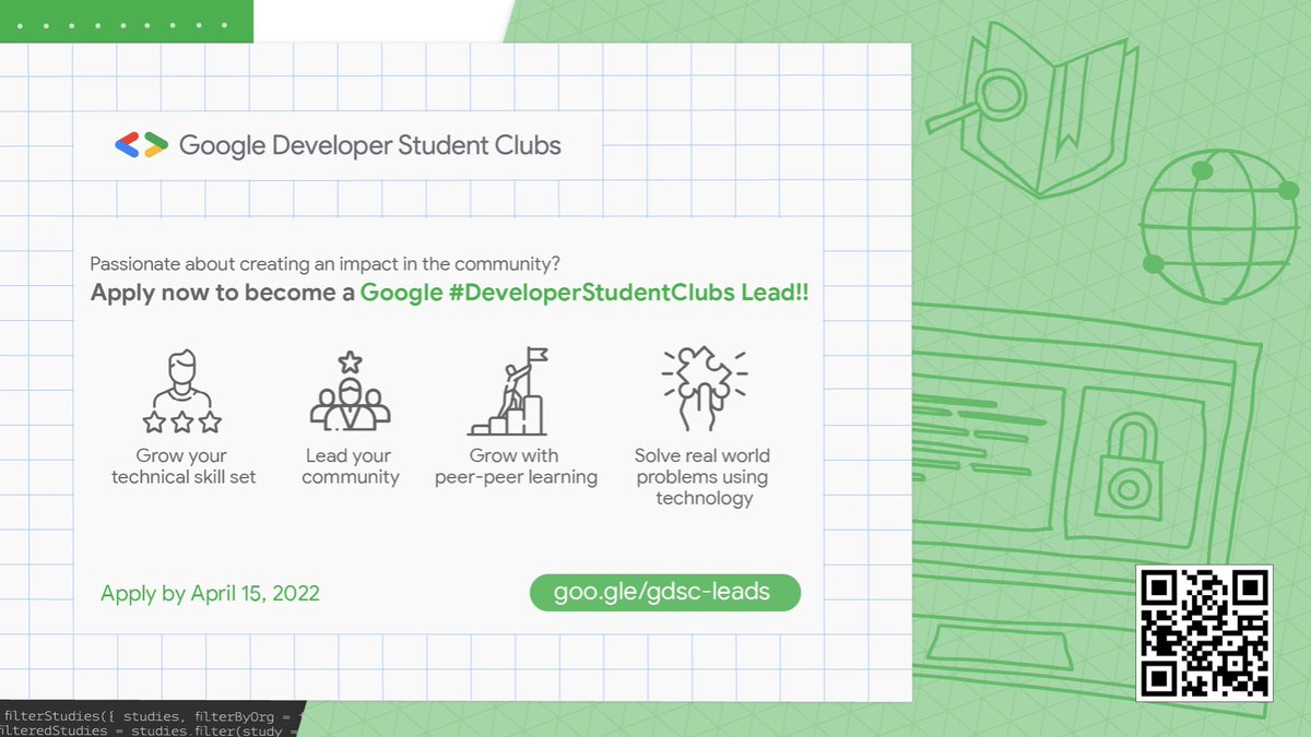 Applications to become a Google #DeveloperStudentClubs Lead are open! This opportunity is for current university students.

As a Lead you can:
💼 Get access to training &amp; technical knowledge
📈 Grow your network
🤝 Build projects and relationships

Apply: goo.gle/gdsc-leads