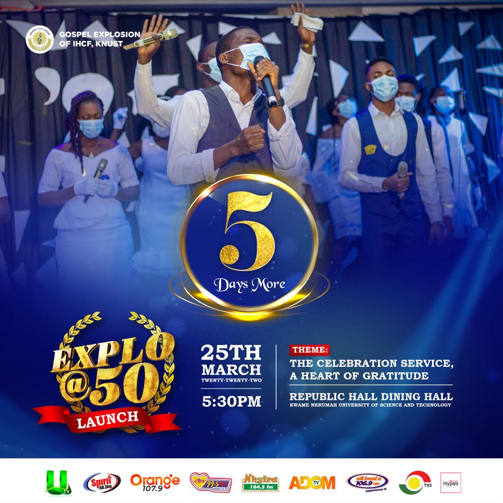 gospelexploinc's tweet photo. 5 days more to the long awaited Media Launch of Gospel Explosion's 50th Anniversary!
Join us as we celebrate 50 years of God's Glory & abundant Grace.
Theme: Celebration Service: A Heart of Gratitude on 25th of March 2022 at Republic Hall, KNUST
#ExploAt50
#Abideoo
#WeAre50 https://t.co/fSqz3IsSjN