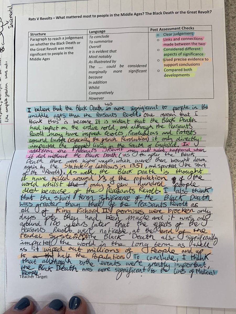 KatieAmery's tweet photo. Light touch judgement on significance with Y7. EQ: What mattered most to people in the Middle Ages; the Black Death or the Great Revolt? https://t.co/k4rWpL5Cls