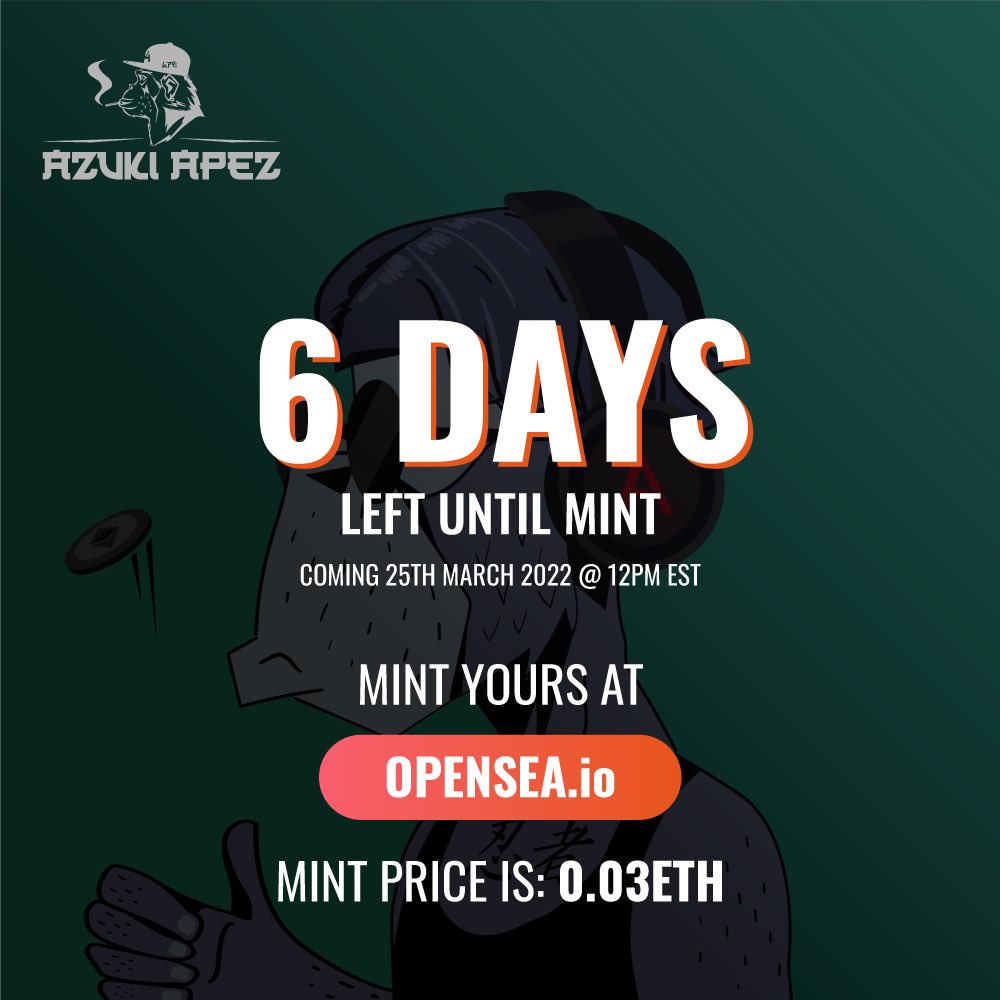 AzukiApez's tweet image. 6 Days remaining. Can’t wait for the world to see our Roadmap and the future of NFT utility. Our community is growing. Join us on Discord. #NFTs #WAGMI #UtilityNFT #NFTCommunity #DYOR