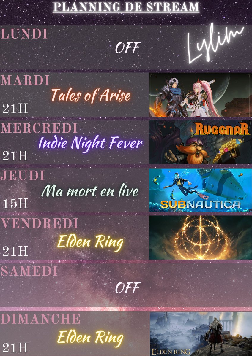 Planning de la semaine enfin prêt !
#planning #twitch #twitchstreamer 

- Tales of Arise (après la fin du jeu)
- Ruggnar (évolution 1 an après)
- Subnautica (je vais mourir)
- Elden Ring (je vais encore mourir mais cette fois c'est normal)

👉twitch.tv/lylim_
