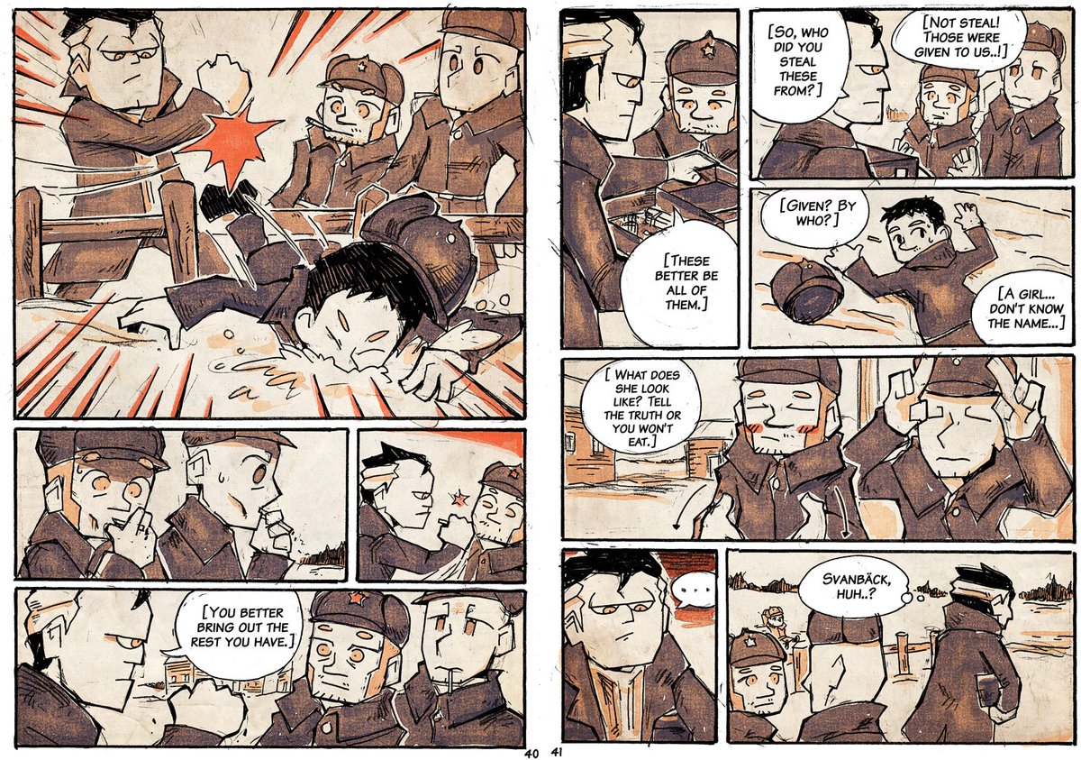 Latest chapter of Lotta Svärd had characters speaking Russian for a brief moment, thanks to @Elven_Tankman for the help.
I drew the scene so that it isn't necessary to know what they say, but here's the English version of it.