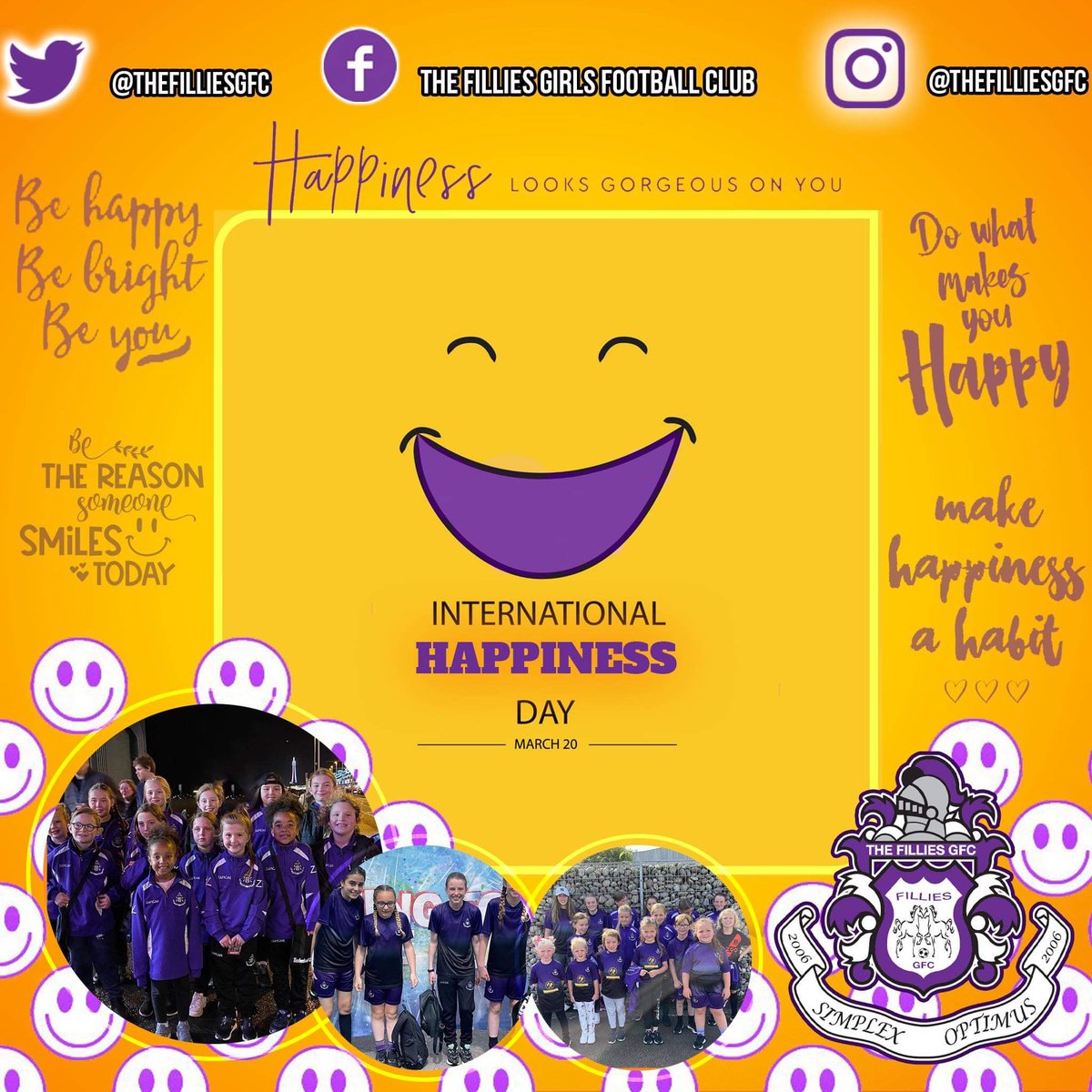 TheFilliesGFC's tweet photo. Be happy 💛
Happy international happiness day 
#thefilliesgfc 
#behappy #internationalhappinessday 
#football #girlsfootballliverpool 
#shekicks #itshergametoo #girlsfootball https://t.co/n6qepCMe7G
