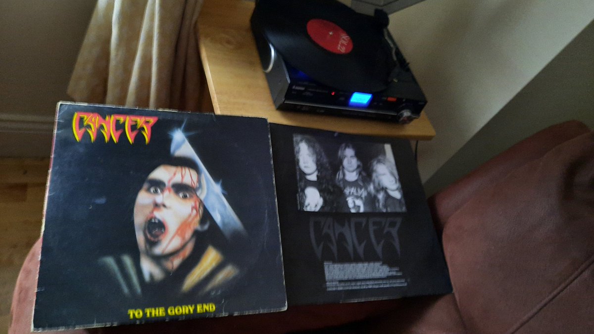 aodanoneachtain's tweet photo. Playing this great death metal debut album because meeting people in real life would quite literally crack your fuckin head!!! Bought it when it was released back in 1990. #CancerBand #ToTheGoryEnd https://t.co/p74AJXGOP1