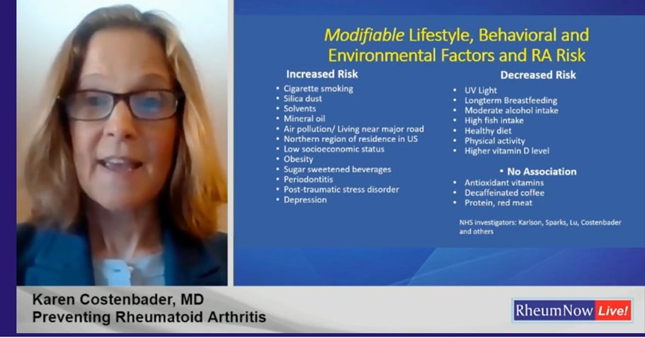 Patients often ask me what they can do on their part to help their disease... this is it! @karen_kc123 reviews the modifable risks in RA. @rheumnow #RNL2022 @CreakyJoints