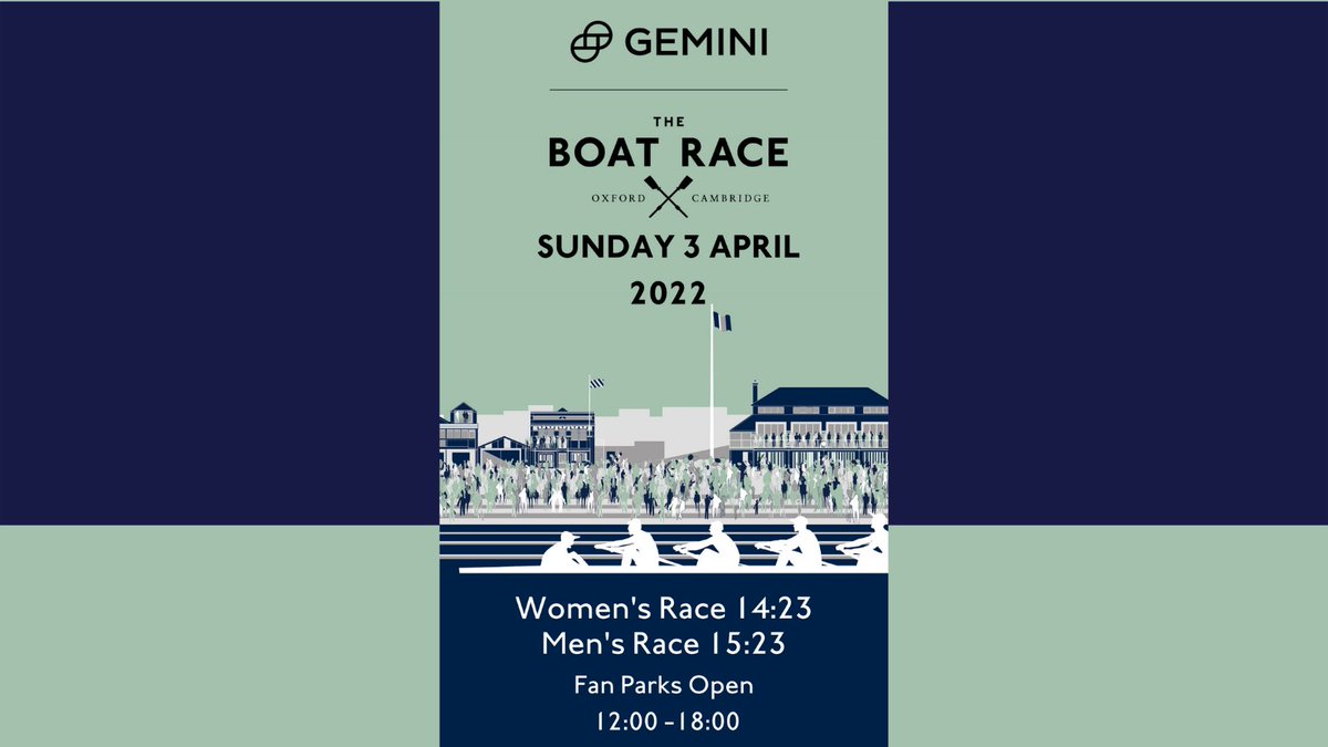 The <a href="/Gemini/">Gemini</a> #BoatRace 2022 is back in #London 
🗓️ Sunday April 3
📍#Putney to #Mortlake 
📢 #FanParks open 12:00 GMT
<a href="/CUBCsquad/">Cambridge University Boat Club</a> <a href="/OxfordUniBC/">Oxford University Boat Club</a> <a href="/OUWBCsquad/">Oxford University Women's BC</a> 
Credit <a href="/RachelHuntArt/">Rachel Hunt Illustration</a> 
Where to watch ↘️ theboatrace.org