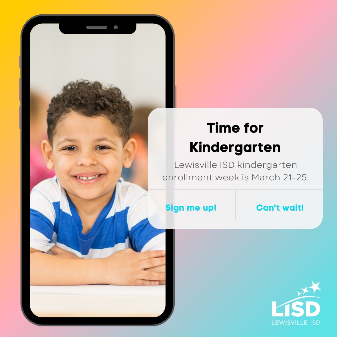 𝘼𝙡𝙢𝙤𝙨𝙩 𝙩𝙞𝙢𝙚 𝙛𝙤𝙧 𝙆𝙞𝙣𝙙𝙚𝙧𝙜𝙖𝙧𝙩𝙚𝙣 ⏰

Kindergarten Enrollment Week begins tomorrow and runs through Friday, March 25 -- visit LISD.net/Kindergarten to learn more!