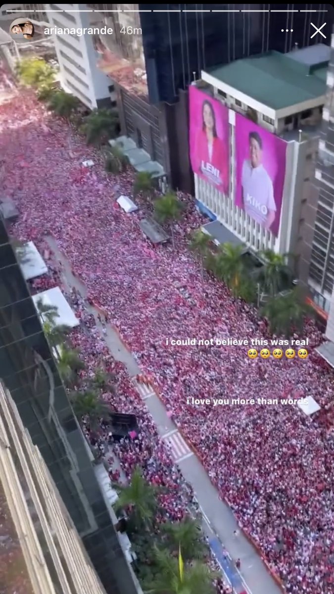 maracepeda's tweet photo. LOOK: Superstar Ariana Grande shares an aerial video of the over 90,000 Kakampinks singing her song “Break Free” during the grand rally of the Leni-Kiko tandem, a full street bursting out in song as if they were in a concert, not a political rally. #PHVote @rapplerdotcom https://t.co/pksvSf09Ww