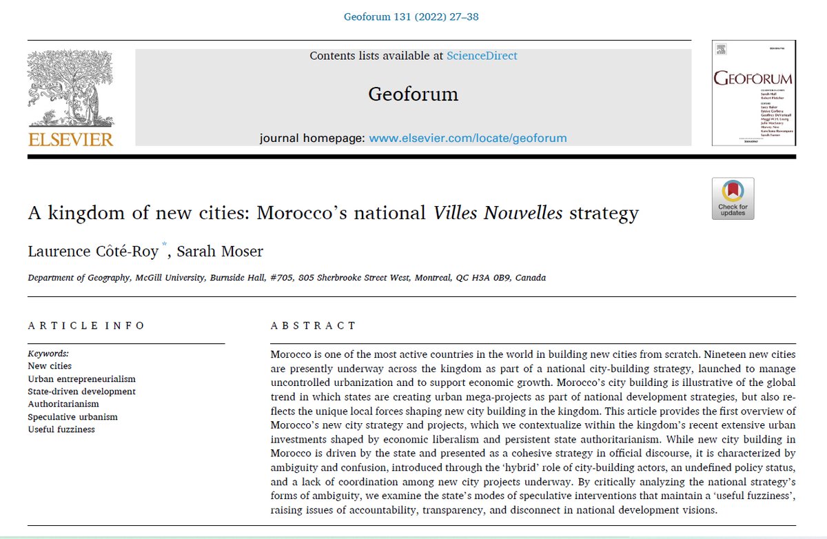Very happy to share a paper co-written with @SarahKMoser about Morocco's ambitious national city-building strategy where we unpack the consequences of forms of inherent ambiguity in the ‘cohesive’ national strategy sciencedirect.com/science/articl…