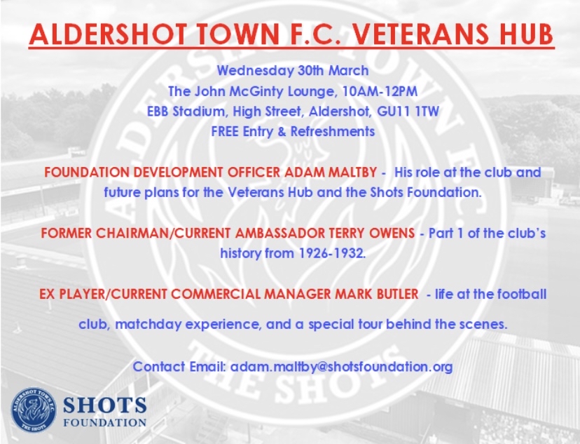 The @ShotsFoundation's next Veterans' Hub is on the 30th March from 10am-12pm!👋 Please take a look at the flyer below for more details as we look forward to welcoming you to the EBB Stadium!👇 For more information, please contact Foundation Officer Adam Maltby! 🔴🔵#TheShots